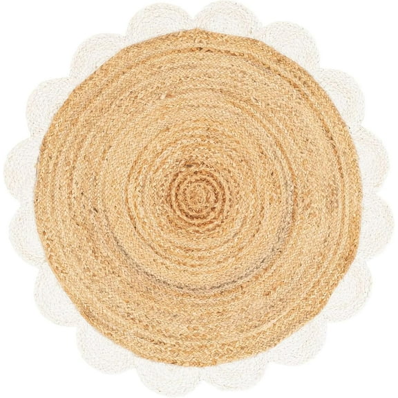 Indian Handmade Braided Natural Jute with White Border Scalloped Area Rug 4 x 4 Feet Round (122 cm x 122 cm), Floor Decor Rugs/Carpet