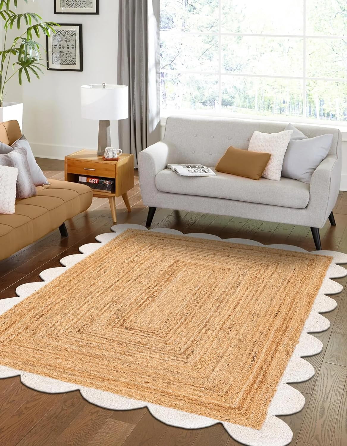 Indian Handmade Braided Natural Jute with White Border Scalloped Area Rug 8 x 8 Feet Square (244 cm x 244 cm), Home Decor Rugs