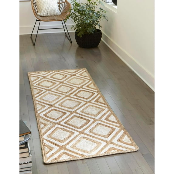 Indian Handmade Braided Natural Jute with White Box Rectangular Design Area Rug 2.6 x 4 Feet (79 cm x 122 cm)
