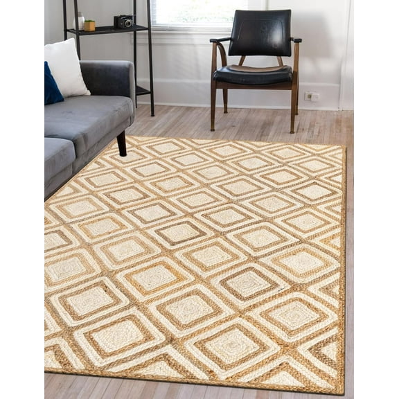 Indian Handmade Braided Natural Jute with White Box Rectangular Design Area Rug 5 x 5 Feet Square (152 cm x 152 cm), Floor Decor Rugs/Carpet