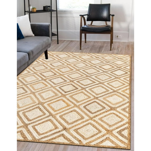 Indian Handmade Braided Natural Jute with White Box Rectangular Design Area Rug 5 x 5 Feet Square (152 cm x 152 cm), Home Decor Rugs