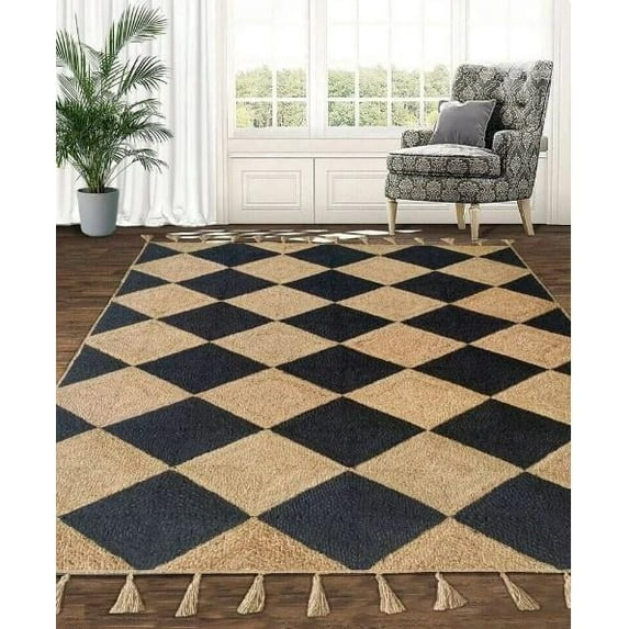 Indian Handmade Braided Natural Pure Jute with Black Design Area Rugs Size 10 x 13 Feet ( 300 cm x 390 cm )