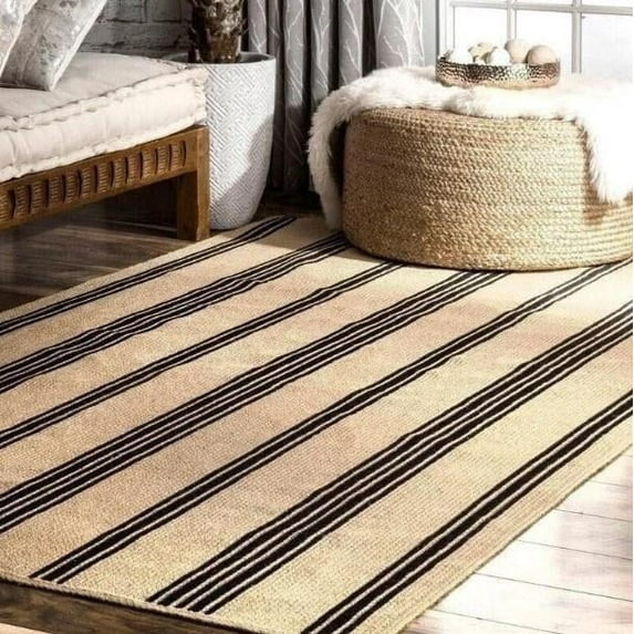 Indian Handmade Braided Natural Pure Jute with Black Design Area Rugs Size 7 x 7 Square Feet ( 210 cm x 210 cm )
