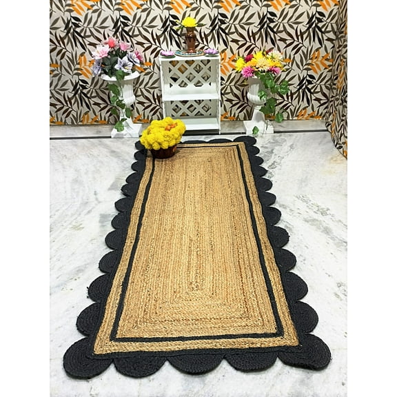 Indian Handmade Braided Natural Pure Jute with Black Scalloped Design Area Rugs Size 2 x 4 Feet ( 60 cm x 120 cm )
