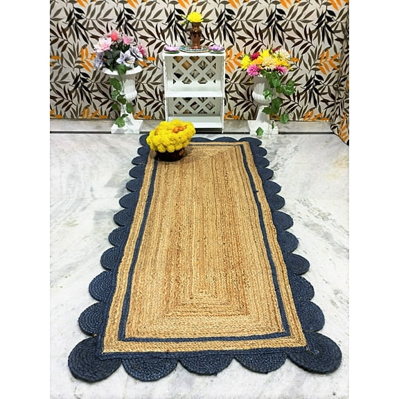 Indian Handmade Braided Natural Pure Jute with Blue Scalloped Design Area Rugs Size 2 x 4 Feet ( 60 cm x 120 cm )