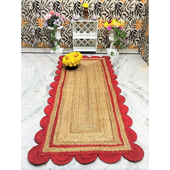 Indian Handmade Braided Natural Pure Jute with Red Scalloped Design Area Rugs Size 2 x 4 Feet ( 60 cm x 120 cm )