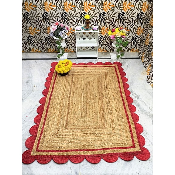 Indian Handmade Braided Natural Pure Jute with Red Scalloped Design Area Rugs Size 2 x 4 Feet ( 60 cm x 120 cm )