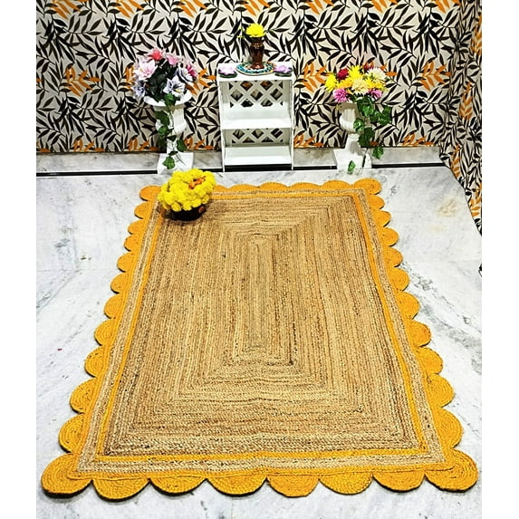 Indian Handmade Braided Natural Pure Jute with Yellow Scalloped Design Area Rugs Size 10 x 13 Feet ( 300 cm x 390 cm )