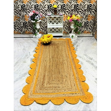 Indian Handmade Braided Natural Pure Jute with Yellow Scalloped Design Area Rugs Size 2 x 4 Feet ( 60 cm x 120 cm )