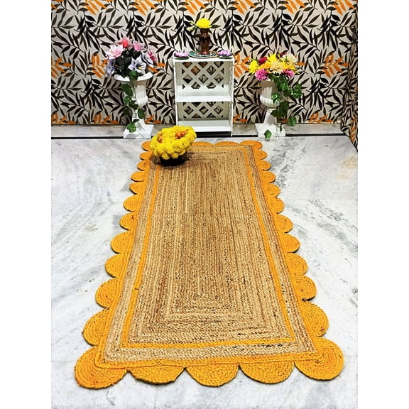 Indian Handmade Braided Natural Pure Jute with Yellow Scalloped Design Area Rugs Size 2 x 4 Feet ( 60 cm x 120 cm )