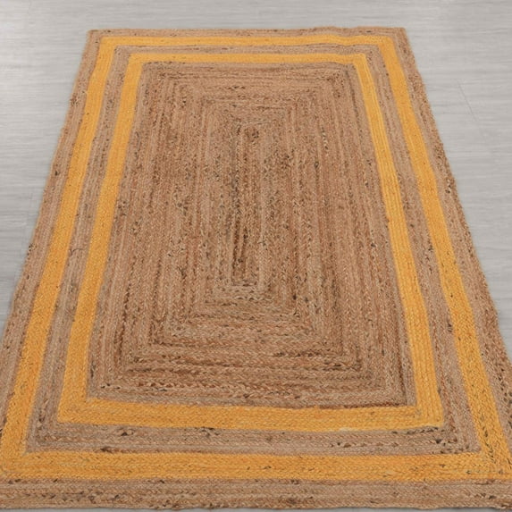 Indian Handmade Braided Natural Pure Jute with Yellow Scalloped Design Area Rugs Size 4 x 4 Square Feet ( 120 cm x 120 cm )