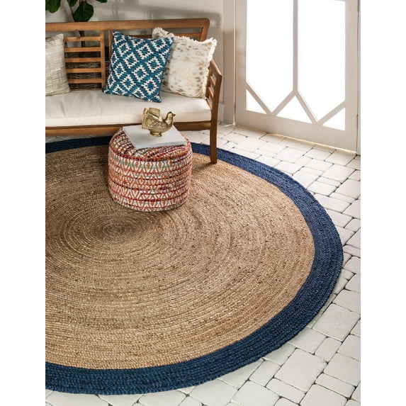 Indian Handmade Braided Navy Blue Border with Inner Natural Jute Area Rug, Home Décor Rug, Jute Rug for Bedroom, Dining Room, living room, Doormat Rug Size - 6' Round (180 cm x 180 cm)