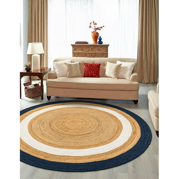 Indian Handmade Braided Navy Blue & White Boder Natural Jute Area Rug, Home Décor Rug, Jute Rug for Bedroom, Dining Room, living room, Doormat Rug Size - 2' x 3' Oval (60 cm x 90 cm)