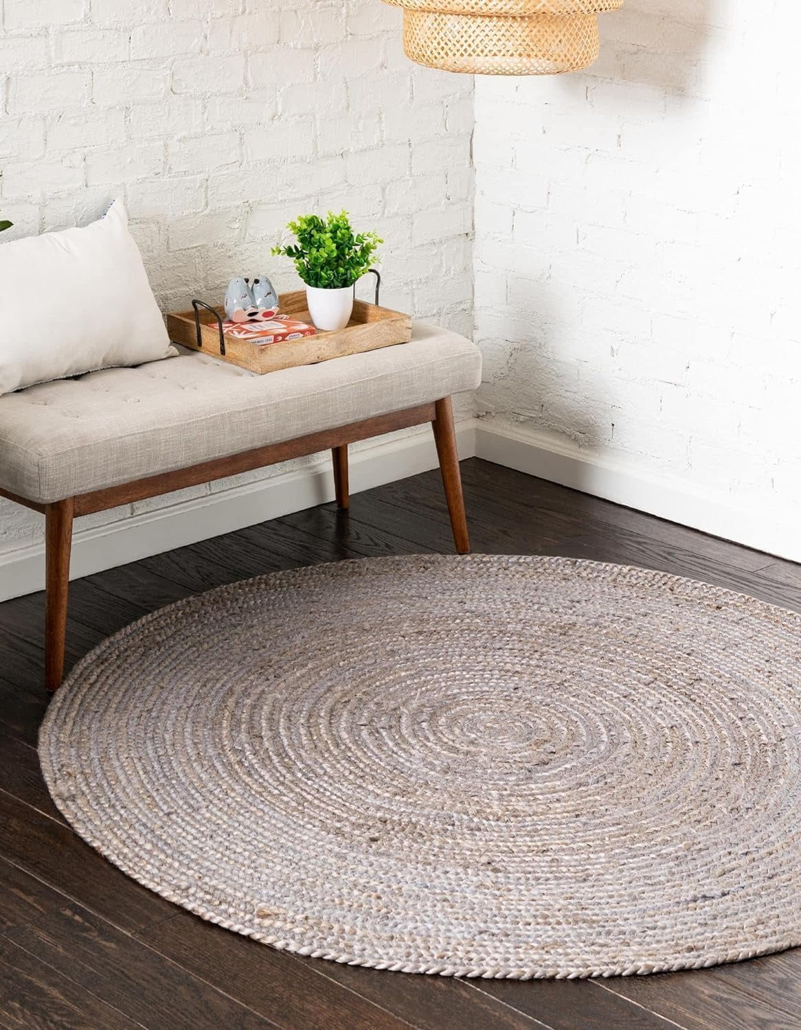 Indian Handmade Braided Pure Gray Jute Area Rug 2 x 2 Feet Round (61 cm x 61 cm), Home Decor Rugs