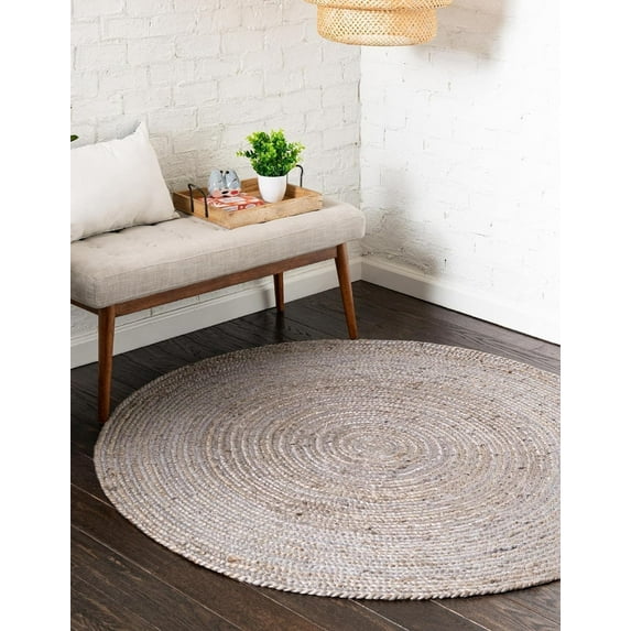 Indian Handmade Braided Pure Gray Jute Area Rug 4 x 4 Feet Round (122 cm x 122 cm), Floor Decor Rugs/Carpet