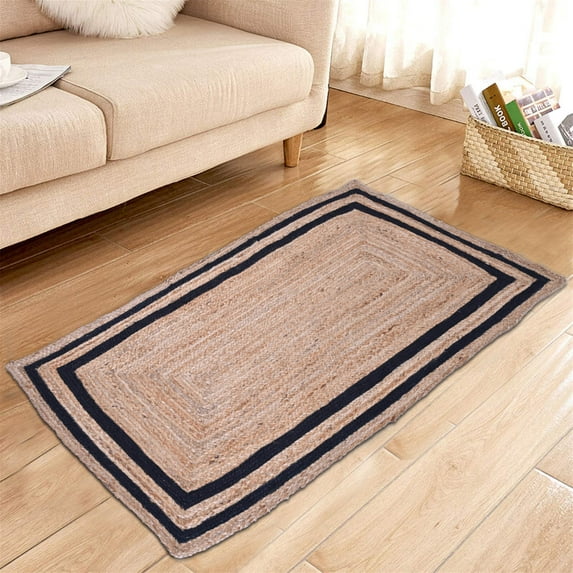 Indian Handmade Braided Pure Jute with Black Border Design Area Rugs , Floor Decor Carpet Size 10 x 10 Square Feet ( 300 cm x 300 cm )