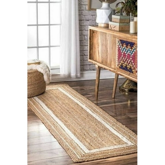 Indian Handmade Braided Pure Jute with White Design Area Rugs , Floor Decor Carpet Size 2 x 10 Feet ( 60 cm x 300 cm )