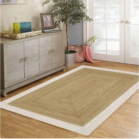 Indian Handmade Braided Pure Jute with White Design Area Rugs , Floor Decor Carpet Size 2 x 2 Square Feet ( 60 cm x 60 cm )
