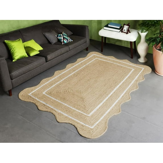 Indian Handmade Braided Pure Jute with White Design Area Rugs , Floor Decor Carpet Size 2 x 3 Feet ( 60 cm x 90 cm )