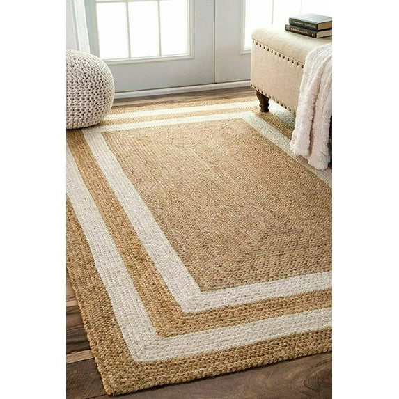 Indian Handmade Braided Pure Jute with White Design Area Rugs , Floor Decor Carpet Size 4 x 4 Square Feet ( 120 cm x 120 cm )