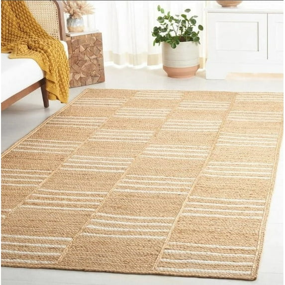 Indian Handmade Braided Pure Jute with White Design Area Rugs , Floor Decor Carpet Size 4 x 9 Feet ( 120 cm x 270 cm )