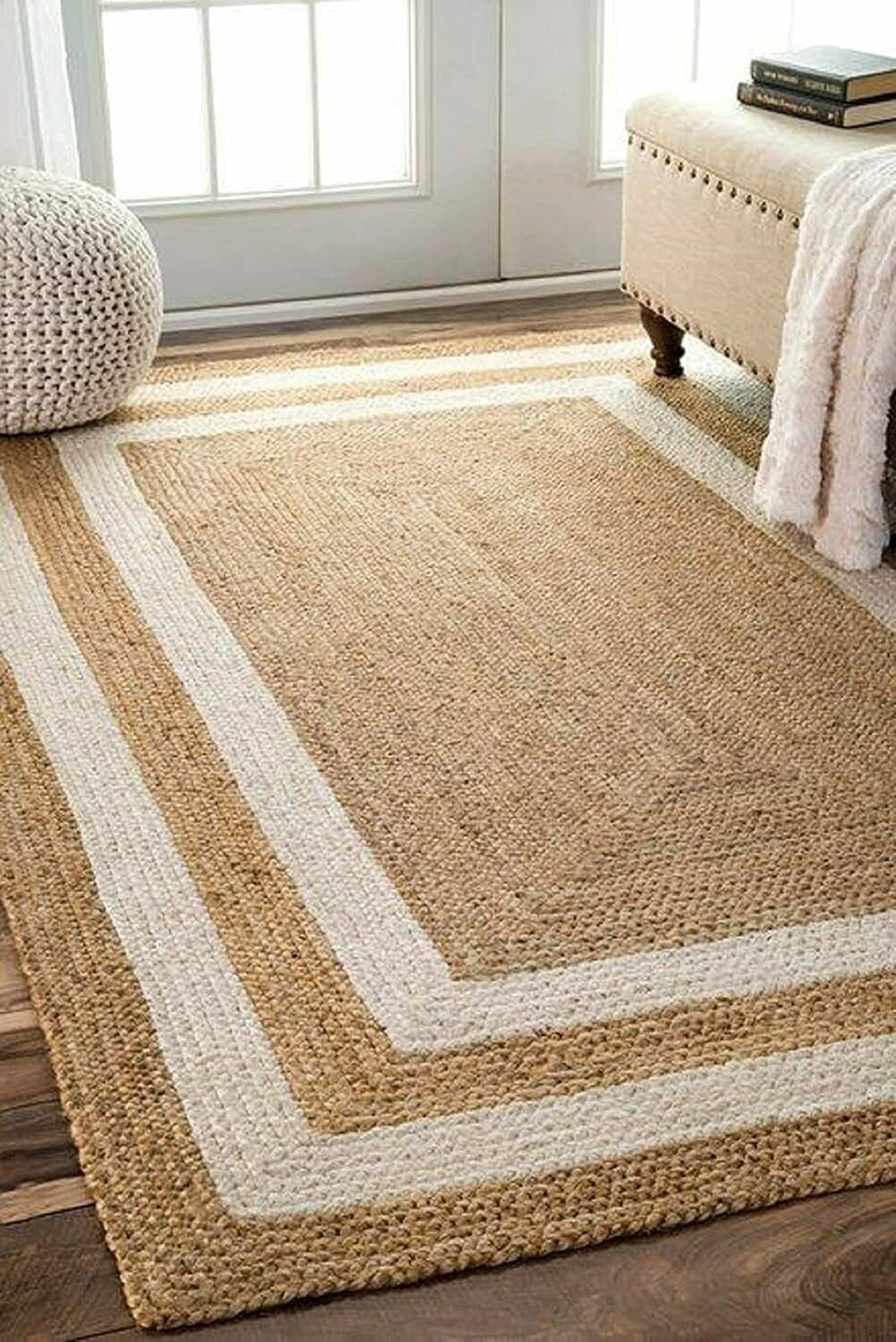 Indian Handmade Braided Pure Jute with White Design Area Rugs , Floor Decor Carpet Size 6 x 6 Sqaure Feet ( 180 cm x 180 cm )