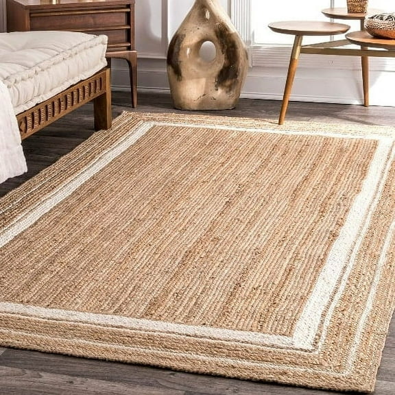 Indian Handmade Braided Pure Jute with White Design Area Rugs , Floor Decor Carpet Size 8 x 8 Square Feet ( 240 cm x 240 cm )