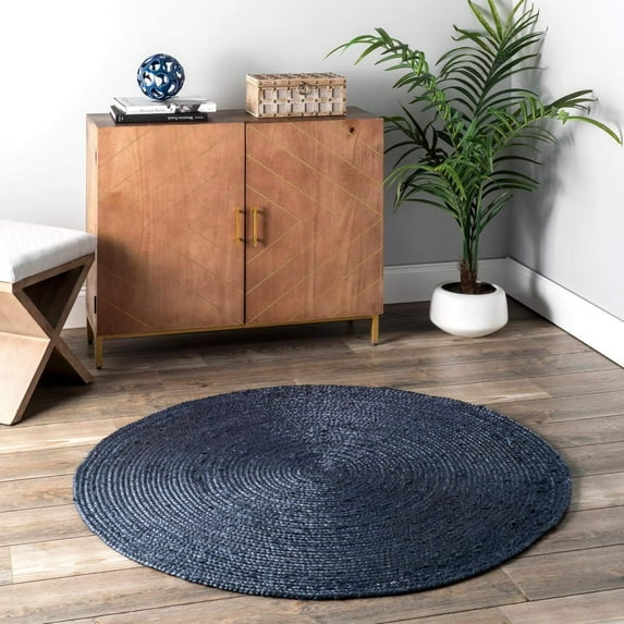 Indian Handmade Braided Pure Navy Blue Jute Area Rug 2 x 2 Feet Round (61 cm x 61 cm), Floor Decor Rugs/Carpet