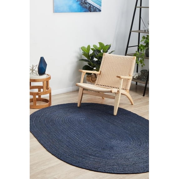 Indian Handmade Braided Pure Navy Blue Jute Area Rug 6 x 9 Feet Oval (183 cm x 274 cm), Home Decor Rugs