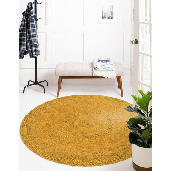 Indian Handmade Braided Yellow Natural Jute Area Rug, Home Décor Rug, Jute Rug for Bedroom, Dining Room, living room, Doormat Rug Size - 6' Round (180 cm x 180 cm)