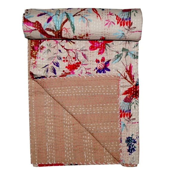 Indian Handmade Cotton Bird Print Kantha Quilt Blanket Beige Baby Qults Bedspread Size 40X60in.
