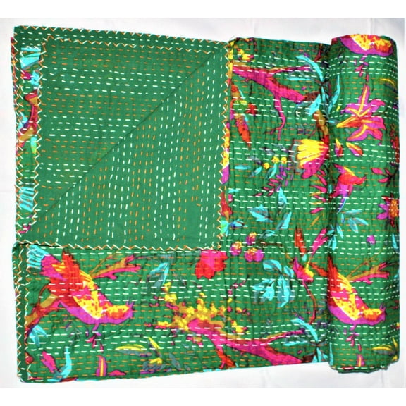 Indian Handmade Cotton Bird Print Kantha Quilt Blanket Green Qults Bedspread Size 90X108in.