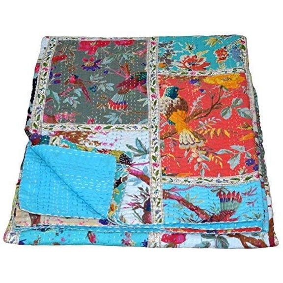 Indian Handmade Cotton Bird Print Kantha Quilt Blanket Multi Patch Baby Qults Bedspread Size 40X60in.