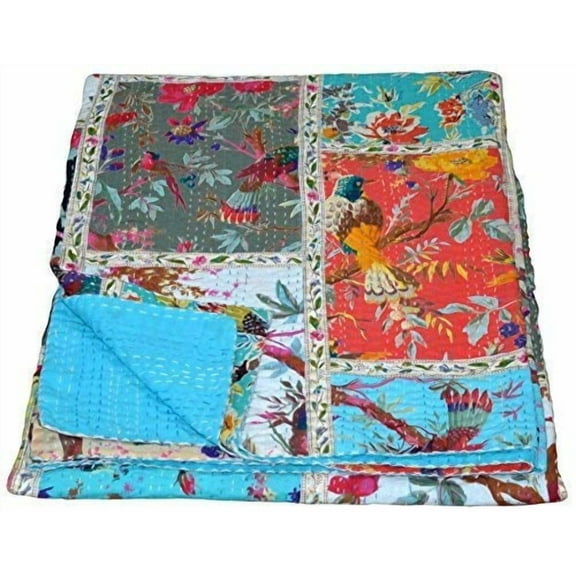 Indian Handmade Cotton Bird Print Kantha Quilt Blanket Multi Patch Qults Bedspread Size 90X108in.