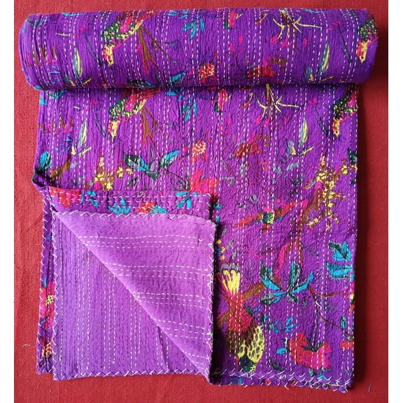 Indian Handmade Cotton Bird Print Kantha Quilt Blanket Purple Patch Baby Qults Bedspread Size 40X60in.