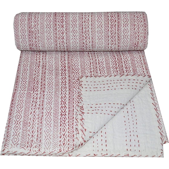 Indian Handmade Cotton Hand Block Kantha Quilt Throw Blanket