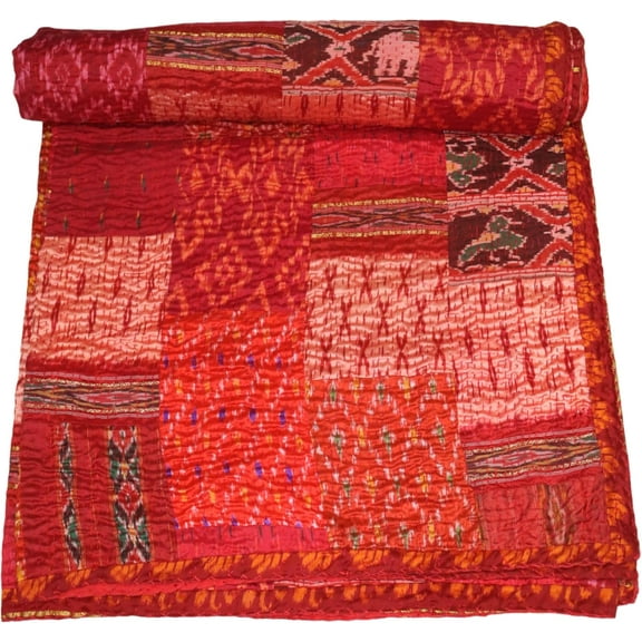 Indian Handmade Cotton Kantha Quilt, Green and Turquoise Leaf Pattern Design Kantha Gudri,Bedspread,Bedsheet,Throw Blanket Size( Single 60" x 90" )