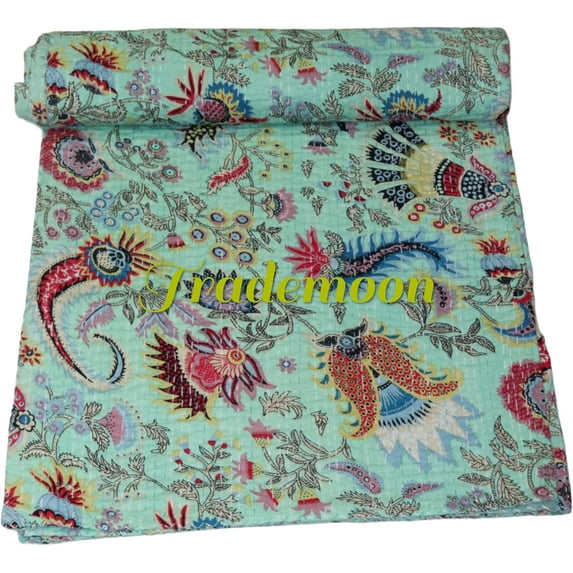 Indian Handmade Cotton Kantha Quilt,Kantha Gudri, Floral with Mukut Design in Traditional Look Cotton Throw Blanket, Bedspread Size(Queen Size - 90" x 108")