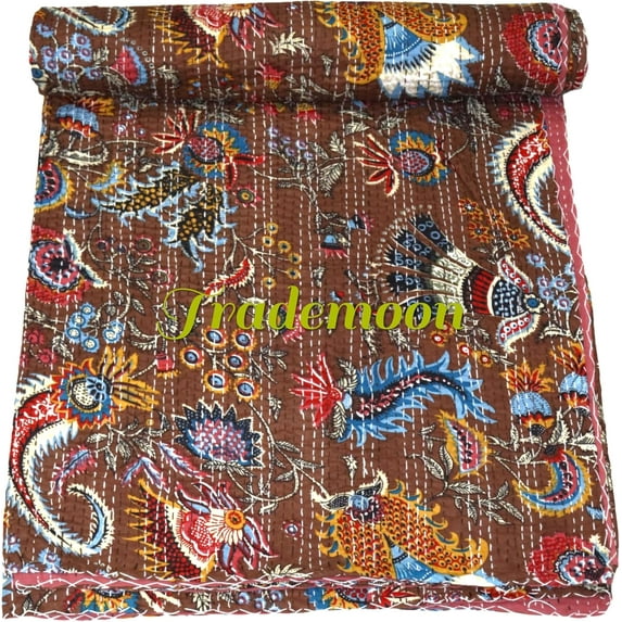 Indian Handmade Cotton Kantha Quilt,Kantha Gudri, Floral with Mukut Design in Traditional Look Cotton Throw Blanket, Bedspread Size(Twin Size - 60" x 90")