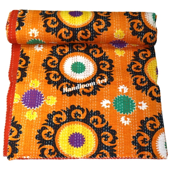 Indian Handmade Cotton Kantha Quilt, Orange Floral Pattern, Traditional Indian Textile Size (Queen Size - 90" x 108")