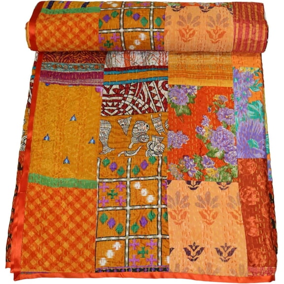 Indian Handmade Cotton Kantha Quilt, Red and Turquoise Leaf Pattern Design Kantha Gudri,Bedspread,Bedsheet,Throw Blanket Size( Double 90" x 108")