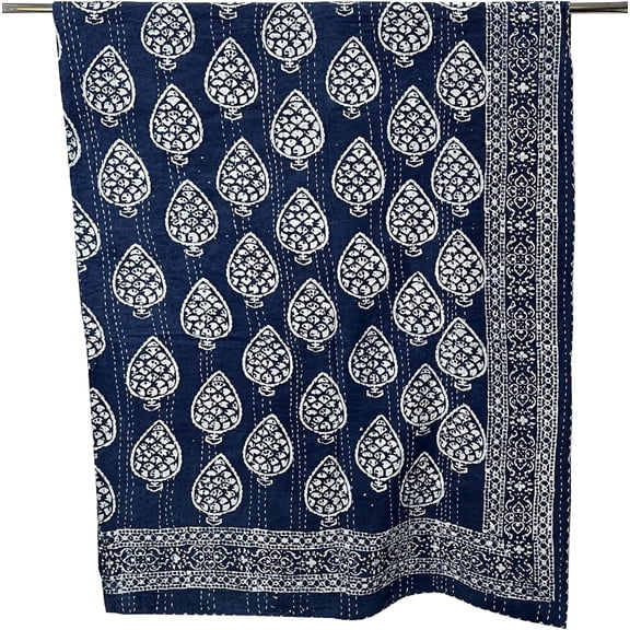 Indian Handmade Cotton Kantha Quilt Throw Blanket Bespread Indigo Blue