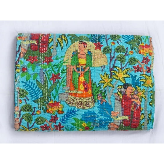 Indian Handmade Cotton Kantha Quilt Vinatge Blanket Quilt Frida Kahlo Print Kantha Bedding Throw Bohemian Bed Cover Kantha Gudari