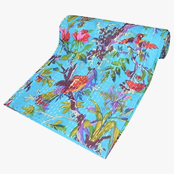 Indian Handmade Cotton Kantha Quilt Vinatge Blanket Quilted Bird Print Kantha Bedding Throw Bohemian Bed Cover Kantha Gudari