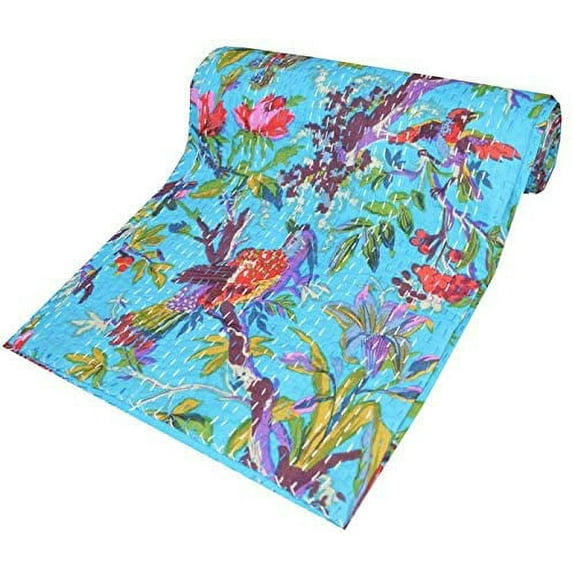 Indian Handmade Cotton Kantha Quilt Vinatge Blanket Quilted Bird Print Kantha Bedding Throw Bohemian Bed Cover Kantha Gudari
