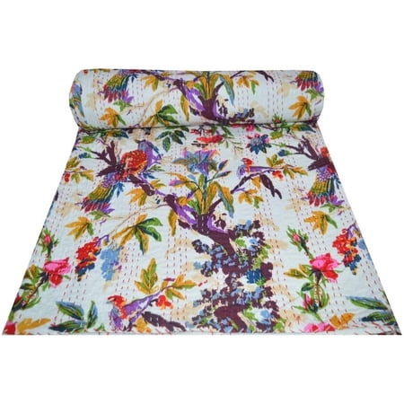 Indian Handmade Cotton Kantha Quilt Vinatge Blanket Quilted Bird Print Kantha Bedding Throw Bohemian Bed Cover Kantha Gudari