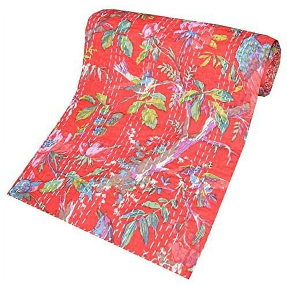 Indian Handmade Cotton Kantha Quilt Vintage Blanket Quilted Bird Print Bedding Throw Bohemian Bed Cover Gudari
