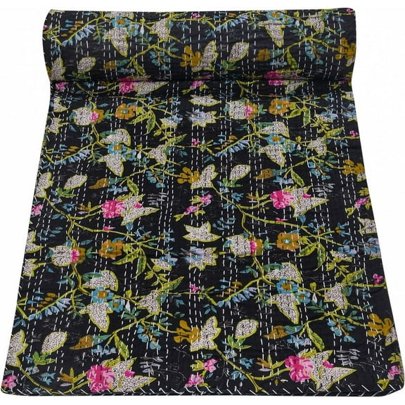 Indian Handmade Cotton Kantha Quilt Vintage Throw Blanket Floral Print Hippie Bohemian Bed Decor Quilt Cotton Bedspread