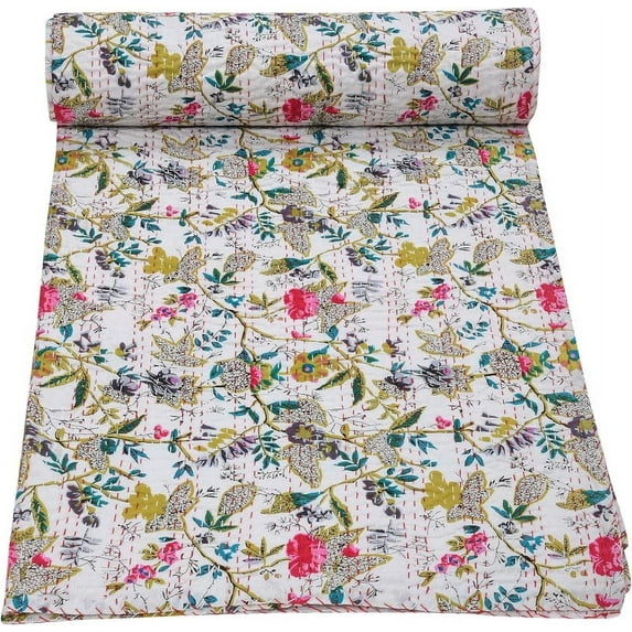 Indian Handmade Cotton Kantha Quilt Vintage Throw Blanket Floral Print Hippie Bohemian Bed Decor Quilt Cotton Bedspread