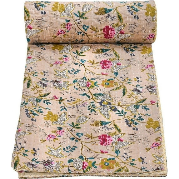 Indian Handmade Cotton Kantha Quilt Vintage Throw Blanket Floral Print Hippie Bohemian Bed Decor Quilt Cotton Bedspread